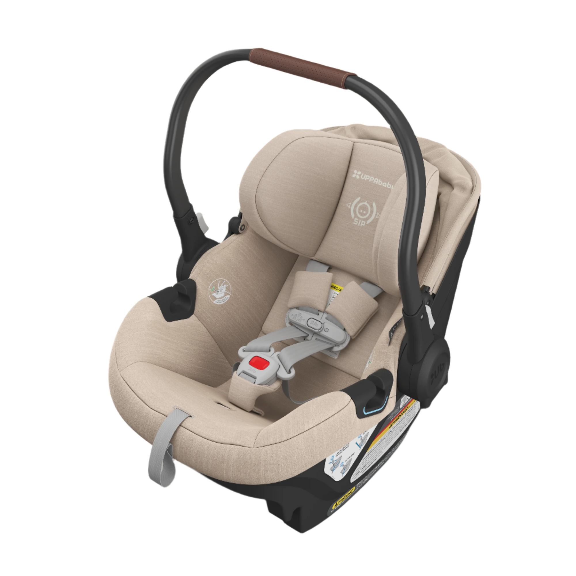 UPPAbaby Aria Infant Car Seat - Declan (Oat Melange/Chestnut Leather) Angle with Sunshade Back No Insert