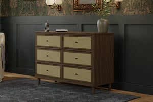 Natural Walnut / Blonde Cane Namesake Marin with Cane 6 Drawer Assembled Dresser Lifestyle