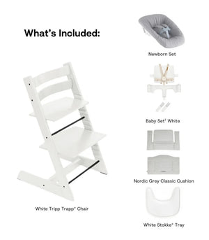 What's Included - White / Nordic Grey Cushion - Stokke Tripp Trapp® High Chair² Complete + Newborn Set Bundle