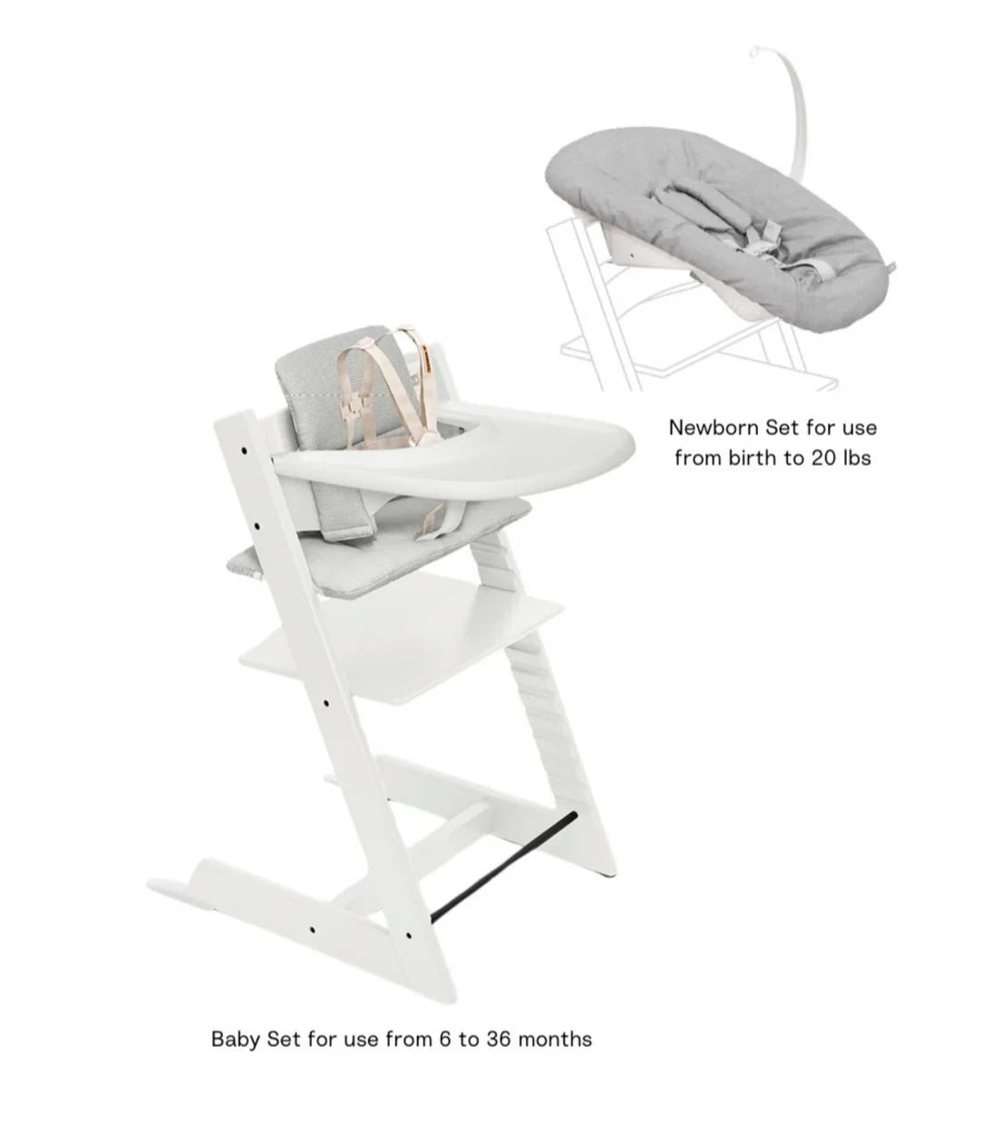 White / Nordic Grey Cushion - Stokke Tripp Trapp® High Chair² Complete + Newborn Set Bundle