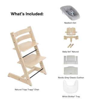 What's Included - Natural / Nordic Grey Cushion - Stokke Tripp Trapp® High Chair² Complete + Newborn Set Bundle